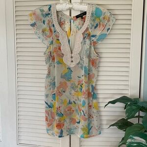 Sanctuary Multicolor Floral Blouse with Crochet Detail